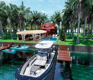 Tropical paradise with boat and Private dock