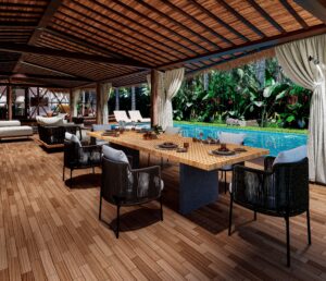 Elegant outdoor dining by the Pool House