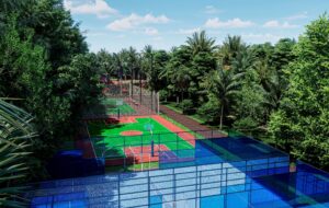 Colorful sports courts in lush greenery